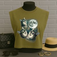 Funny Cat Three Cat Moon 3 Wolfs Cute Kitten Graphic Garment-Dyed Women's Muscle Tee