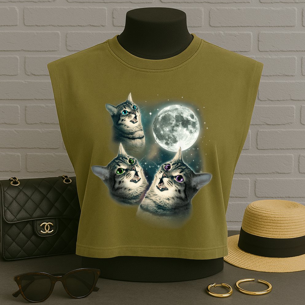 Funny Cat Three Cat Moon 3 Wolfs Cute Kitten Graphic Garment-Dyed Women's Muscle Tee