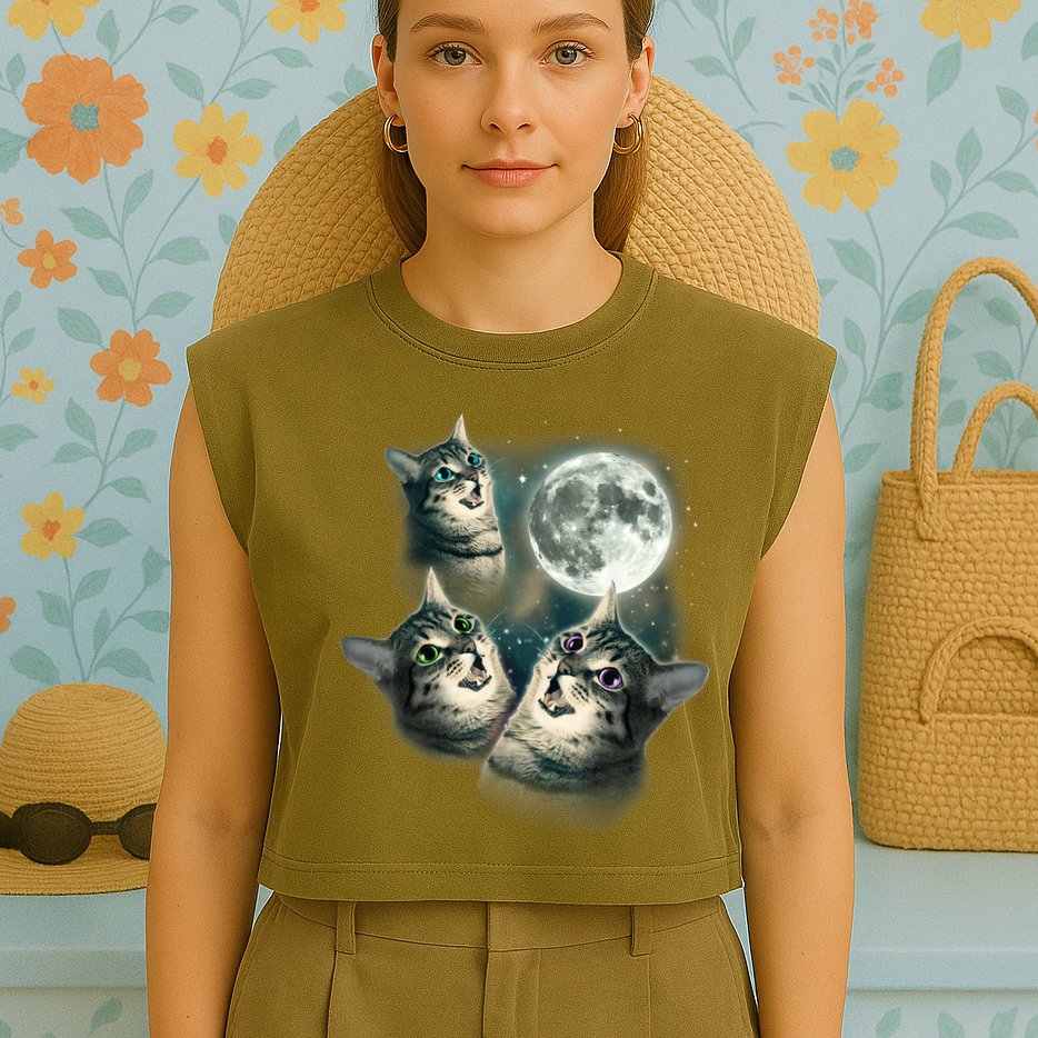 Funny Cat Three Cat Moon 3 Wolfs Cute Kitten Graphic Garment-Dyed Women's Muscle Tee