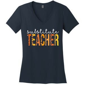 Funny Cute Thanksgiving Substitute Teacher Leopard Fall Autumn Women's V-Neck T-Shirt