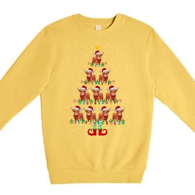 Funny Christmas Tree Lights Santa Hat Elf Highland Cow Xmas Tree Gift Premium Crewneck Sweatshirt