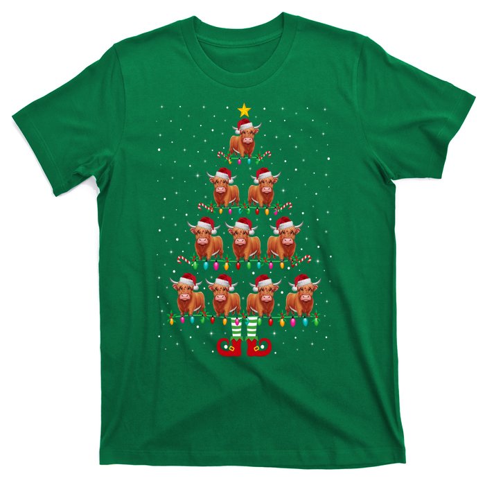 Funny Christmas Tree Lights Santa Hat Elf Highland Cow Xmas Tree Gift T-Shirt