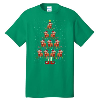 Funny Christmas Tree Lights Santa Hat Elf Highland Cow Xmas Tree Gift Tall T-Shirt