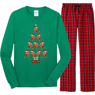 Funny Christmas Tree Lights Santa Hat Elf Highland Cow Xmas Tree Gift Long Sleeve Pajama Set