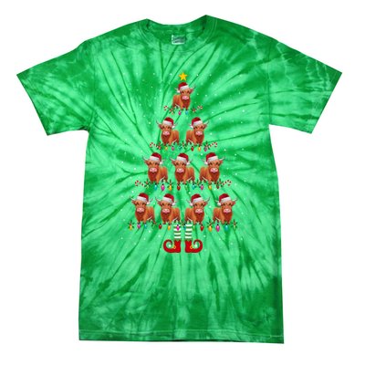 Funny Christmas Tree Lights Santa Hat Elf Highland Cow Xmas Tree Gift Tie-Dye T-Shirt