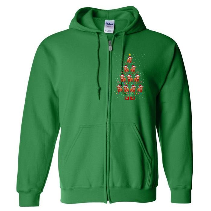 Funny Christmas Tree Lights Santa Hat Elf Highland Cow Xmas Tree Gift Full Zip Hoodie