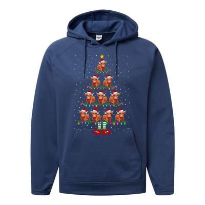 Funny Christmas Tree Lights Santa Hat Elf Highland Cow Xmas Tree Gift Performance Fleece Hoodie