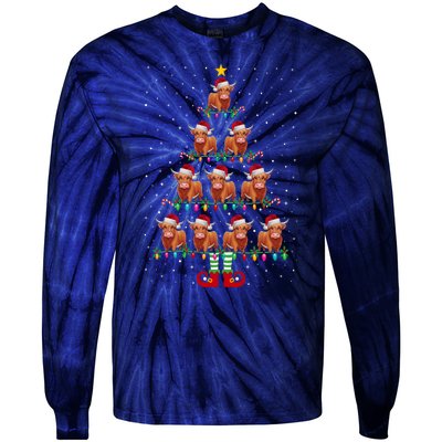 Funny Christmas Tree Lights Santa Hat Elf Highland Cow Xmas Tree Gift Tie-Dye Long Sleeve Shirt