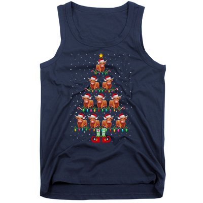 Funny Christmas Tree Lights Santa Hat Elf Highland Cow Xmas Tree Gift Tank Top