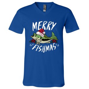 Funny Christmas Themed Bass Fishing Design Merry Fishmas Meaningful Gift V-Neck T-Shirt