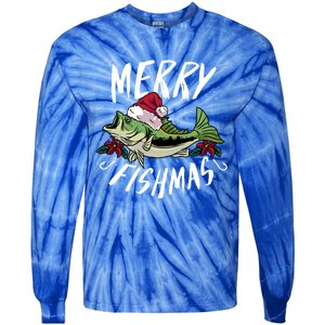 Funny Christmas Themed Bass Fishing Design Merry Fishmas Meaningful Gift Tie-Dye Long Sleeve Shirt