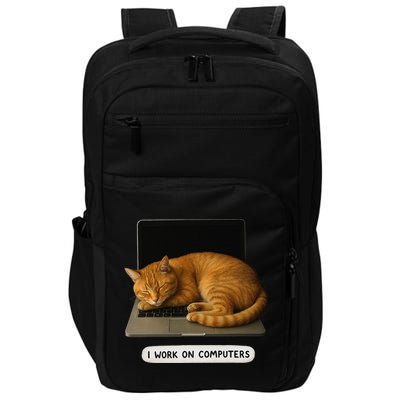 Funny Cat Tech I Work On Computers Lazy Cat Laptop Humor Impact Tech Backpack