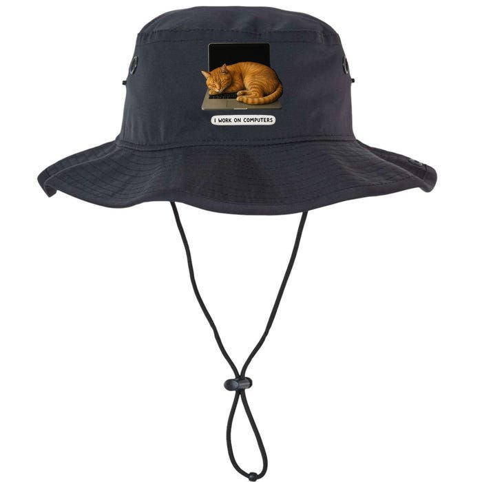 Funny Cat Tech I Work On Computers Lazy Cat Laptop Humor Legacy Cool Fit Booney Bucket Hat