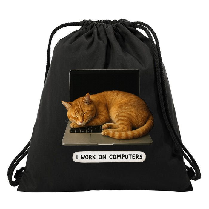 Funny Cat Tech I Work On Computers Lazy Cat Laptop Humor Drawstring Bag
