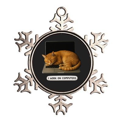 Funny Cat Tech I Work On Computers Lazy Cat Laptop Humor Metallic Star Ornament
