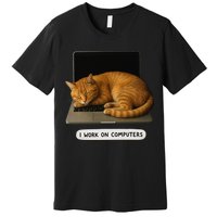 Funny Cat Tech I Work On Computers Lazy Cat Laptop Humor Premium T-Shirt