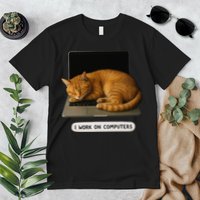 Funny Cat Tech I Work On Computers Lazy Cat Laptop Humor Premium T-Shirt