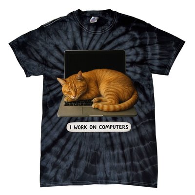 Funny Cat Tech I Work On Computers Lazy Cat Laptop Humor Tie-Dye T-Shirt