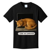 Funny Cat Tech I Work On Computers Lazy Cat Laptop Humor Kids T-Shirt