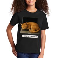 Funny Cat Tech I Work On Computers Lazy Cat Laptop Humor Kids T-Shirt