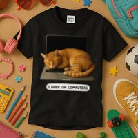 Funny Cat Tech I Work On Computers Lazy Cat Laptop Humor Kids T-Shirt