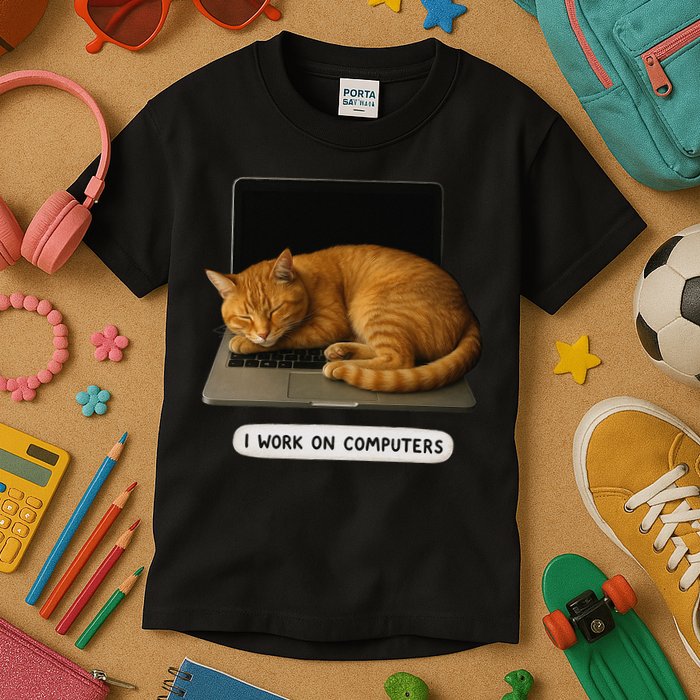 Funny Cat Tech I Work On Computers Lazy Cat Laptop Humor Kids T-Shirt