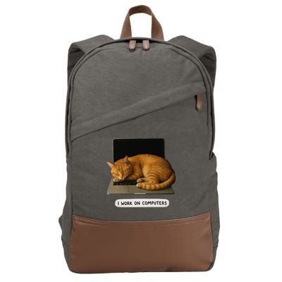 Funny Cat Tech I Work On Computers Lazy Cat Laptop Humor Cotton Canvas Backpack