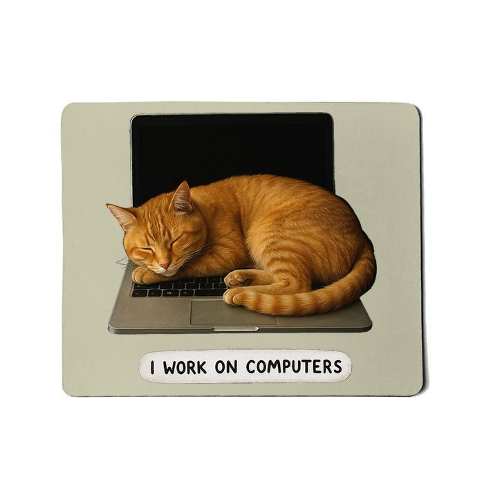 Funny Cat Tech I Work On Computers Lazy Cat Laptop Humor Mousepad