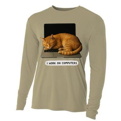 Funny Cat Tech I Work On Computers Lazy Cat Laptop Humor Cooling Performance Long Sleeve Crew