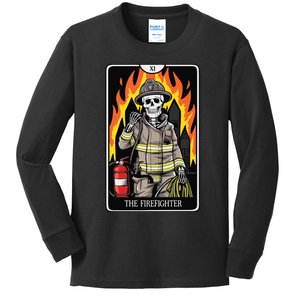 Firefighter Crew Tarot Card Player Funny Halloween Skeleton Kids Long Sleeve Shirt