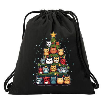 Funny Christmas Tree Full of Cats Holiday Cat Lover Drawstring Bag