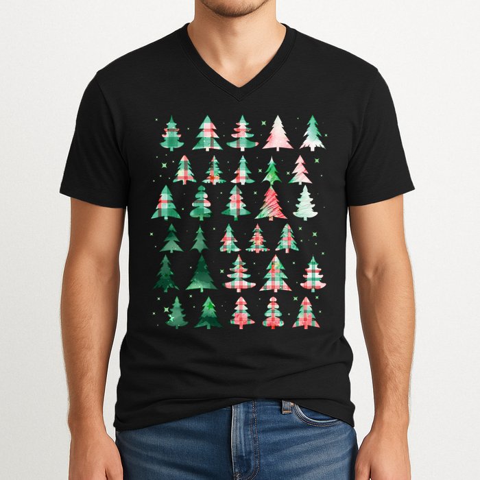 Festive Christmas Trees Patterns Mash Up V-Neck T-Shirt