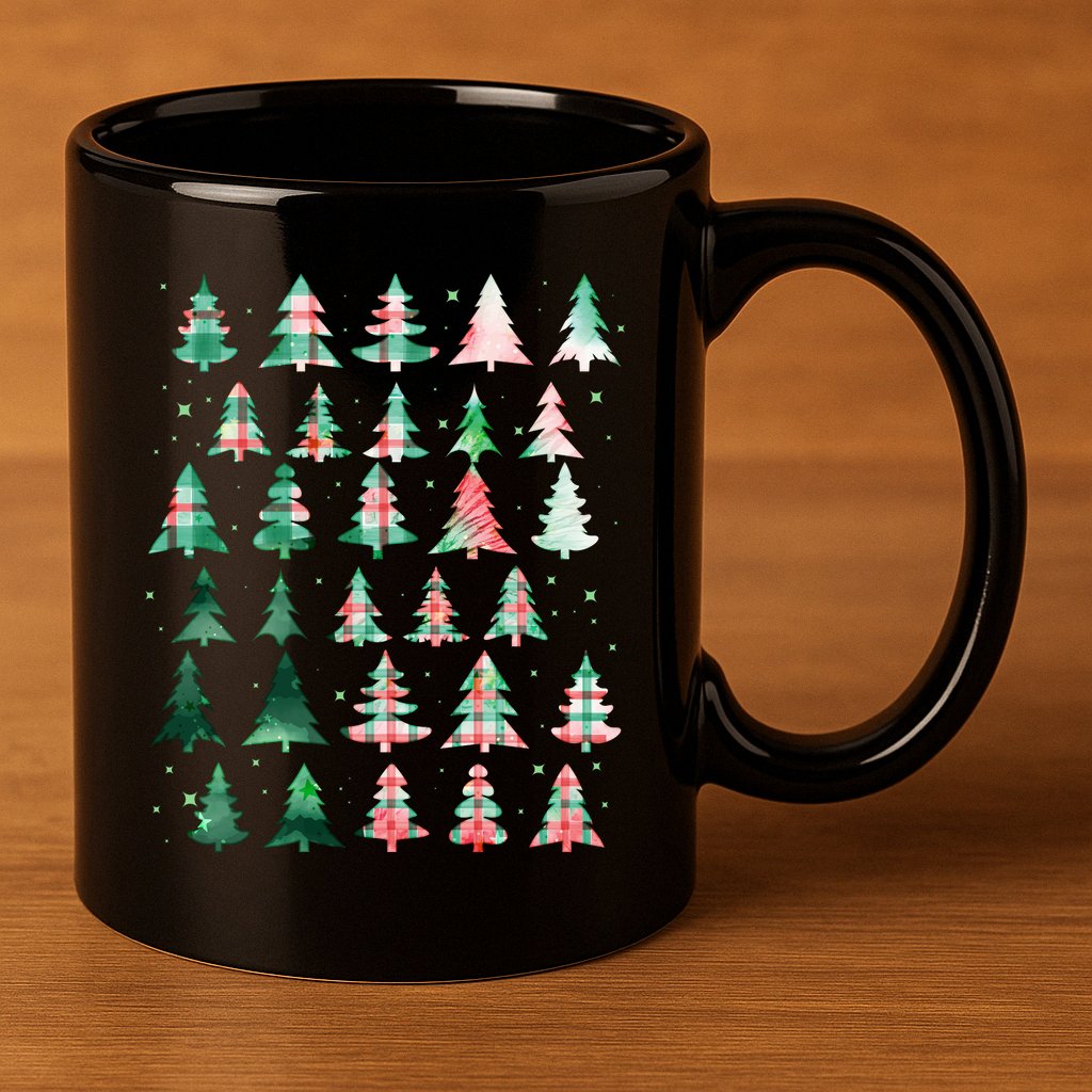 Festive Christmas Trees Patterns Mash Up 11oz C Handle Ceramic Mug