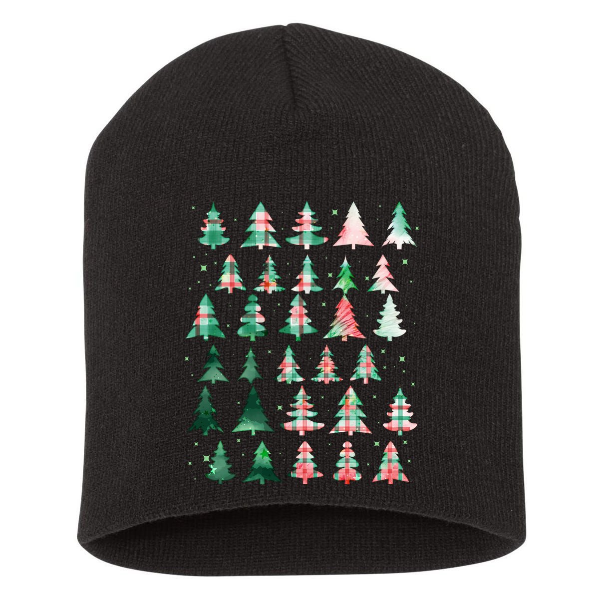 Festive Christmas Trees Patterns Mash Up Short Acrylic Beanie