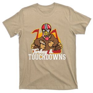 Funny Cute Turkey And Touchdowns Thanksgiving Football T-Shirt