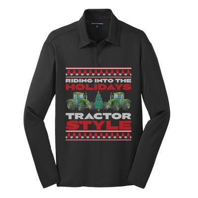 Funny Christmas Tractor Xmas Tractor Holiday Farm Truck Driver Silk Touch Performance Long Sleeve Polo