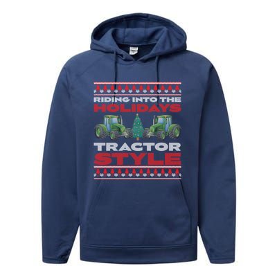 Funny Christmas Tractor Xmas Tractor Holiday Farm Truck Driver Performance Fleece Hoodie