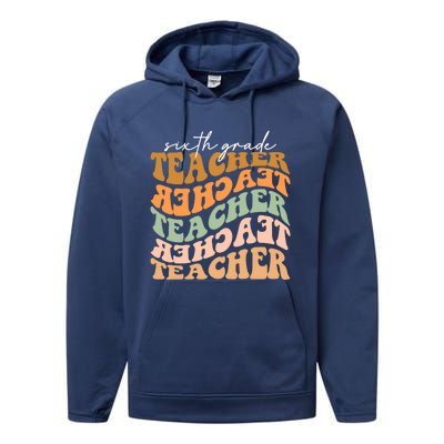 Funny Cute Thankful Sixth Grade Teacher Retro Fall Vibes Autumn Leaves Performance Fleece Hoodie