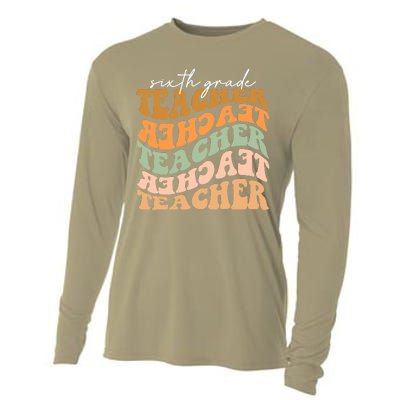 Funny Cute Thankful Sixth Grade Teacher Retro Fall Vibes Autumn Leaves Cooling Performance Long Sleeve Crew