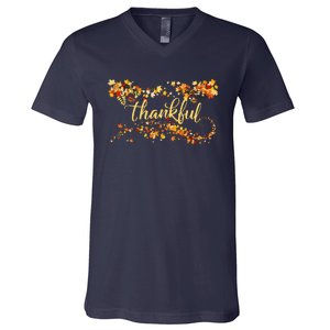 Funny Cute Thankful Thanksgiving Fall Autumn Leaves V-Neck T-Shirt