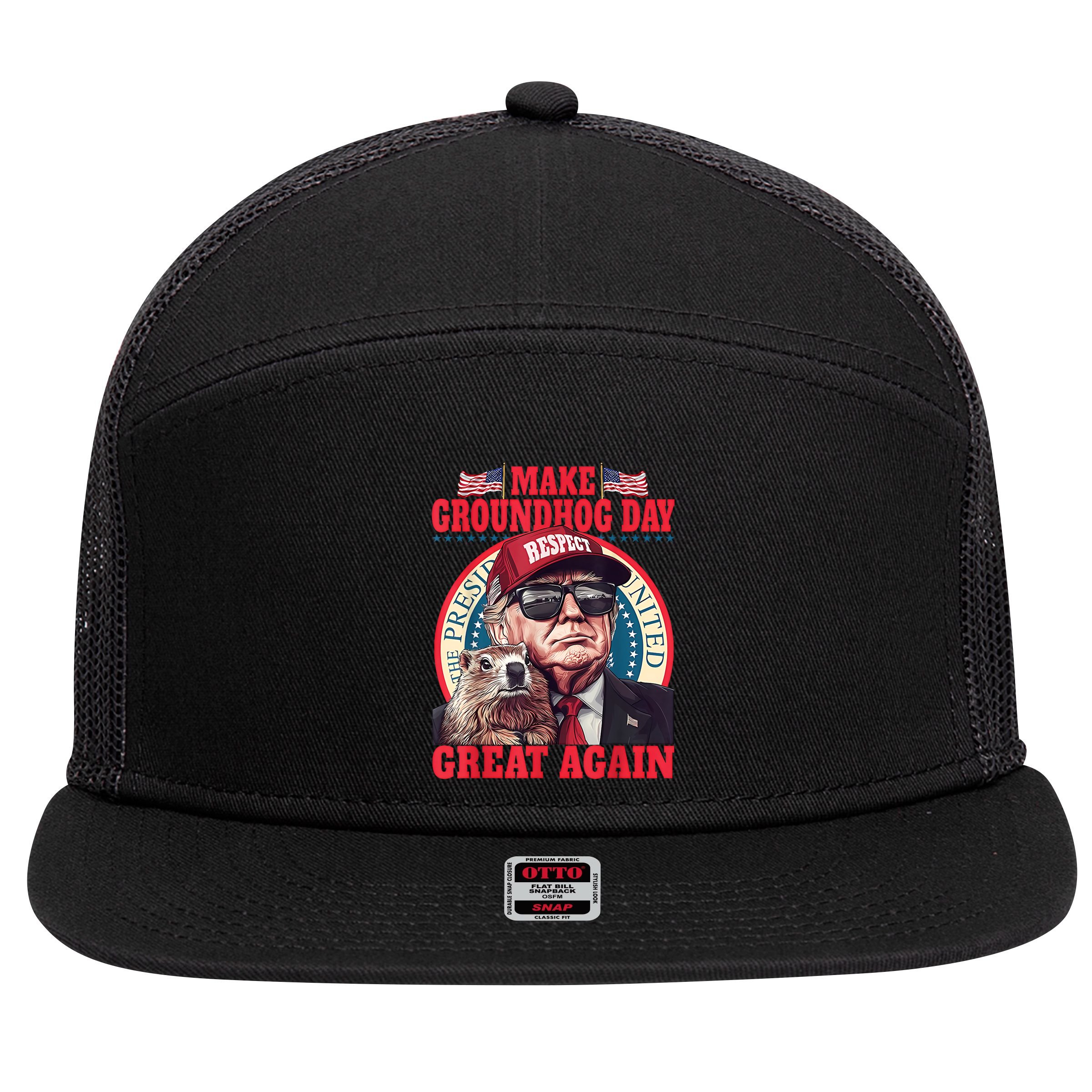 Funny Cool Trump Groundhog Make Groundhog Day Great Again 7 Panel Mesh Trucker Snapback Hat