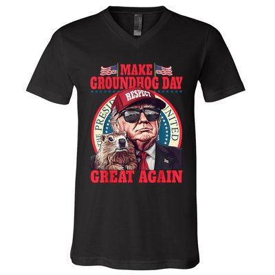 Funny Cool Trump Groundhog Make Groundhog Day Great Again V-Neck T-Shirt