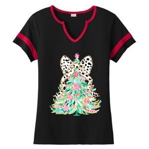 Floral Christmas Tree Leopard Coquette Bow Christmas Tree Sweat Ladies Halftime Notch Neck Tee