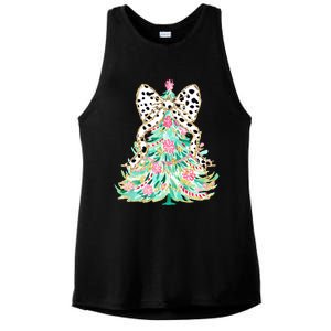 Floral Christmas Tree Leopard Coquette Bow Christmas Tree Sweat Ladies PosiCharge Tri-Blend Wicking Tank