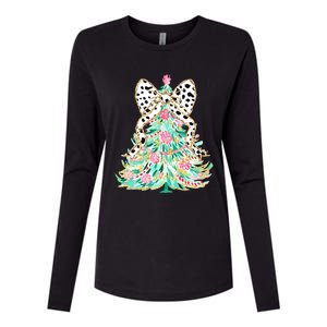 Floral Christmas Tree Leopard Coquette Bow Christmas Tree Sweat Womens Cotton Relaxed Long Sleeve T-Shirt