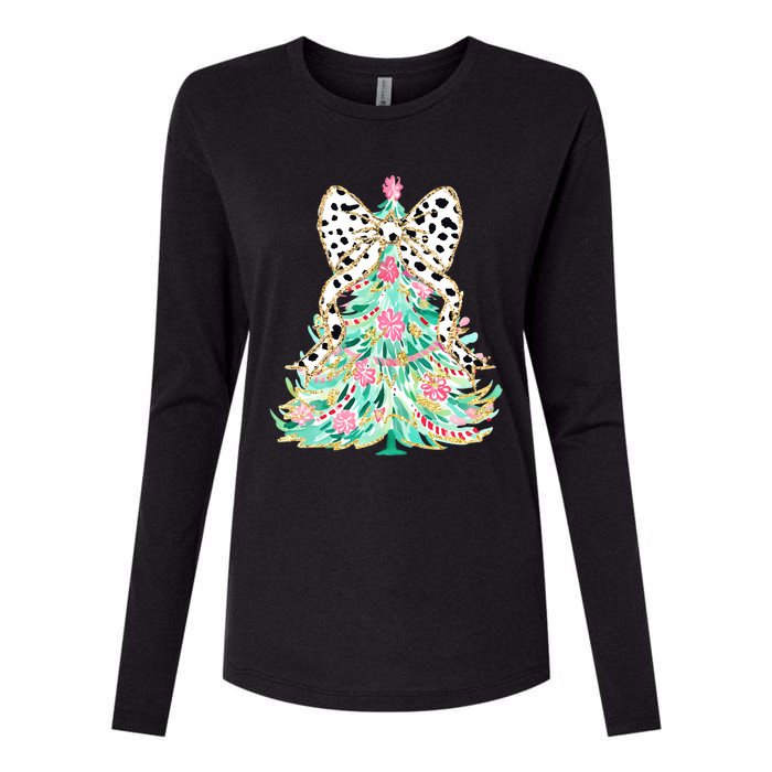 Floral Christmas Tree Leopard Coquette Bow Christmas Tree Sweat Womens Cotton Relaxed Long Sleeve T-Shirt