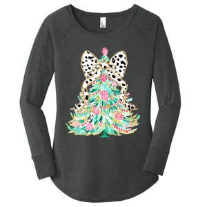 Floral Christmas Tree Leopard Coquette Bow Christmas Tree Sweat Women's Perfect Tri Tunic Long Sleeve Shirt