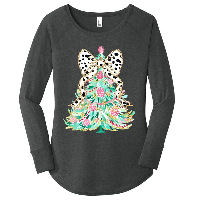 Floral Christmas Tree Leopard Coquette Bow Christmas Tree Sweat Women's Perfect Tri Tunic Long Sleeve Shirt