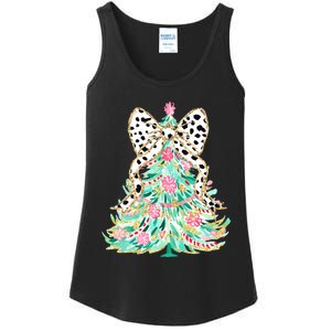 Floral Christmas Tree Leopard Coquette Bow Christmas Tree Sweat Ladies Essential Tank