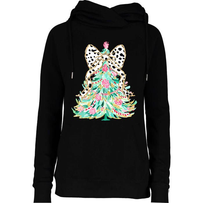 Floral Christmas Tree Leopard Coquette Bow Christmas Tree Sweat Womens Funnel Neck Pullover Hood